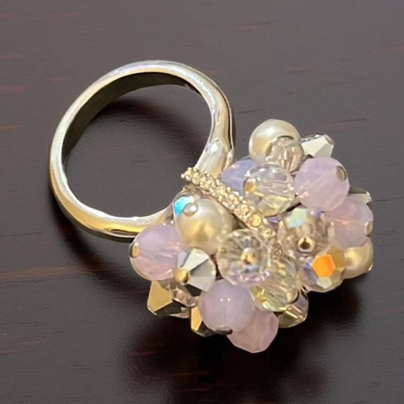 Vintage Swarovski Aura Borealis Crystal & Pearl Beaded Bow Ring - Picture 2 of 16